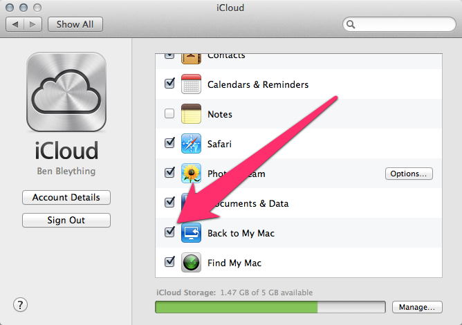 Back to My Mac enabled in the iCloud prefpane